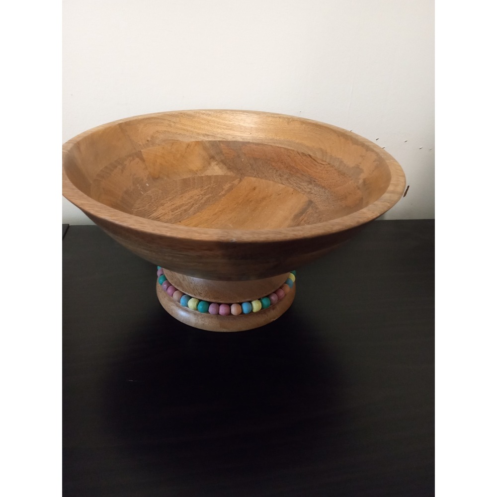 Wooden Pedestal Bowl with Pastel Bead Accents Natural Grain Centerpiece - Picture 4 of 5